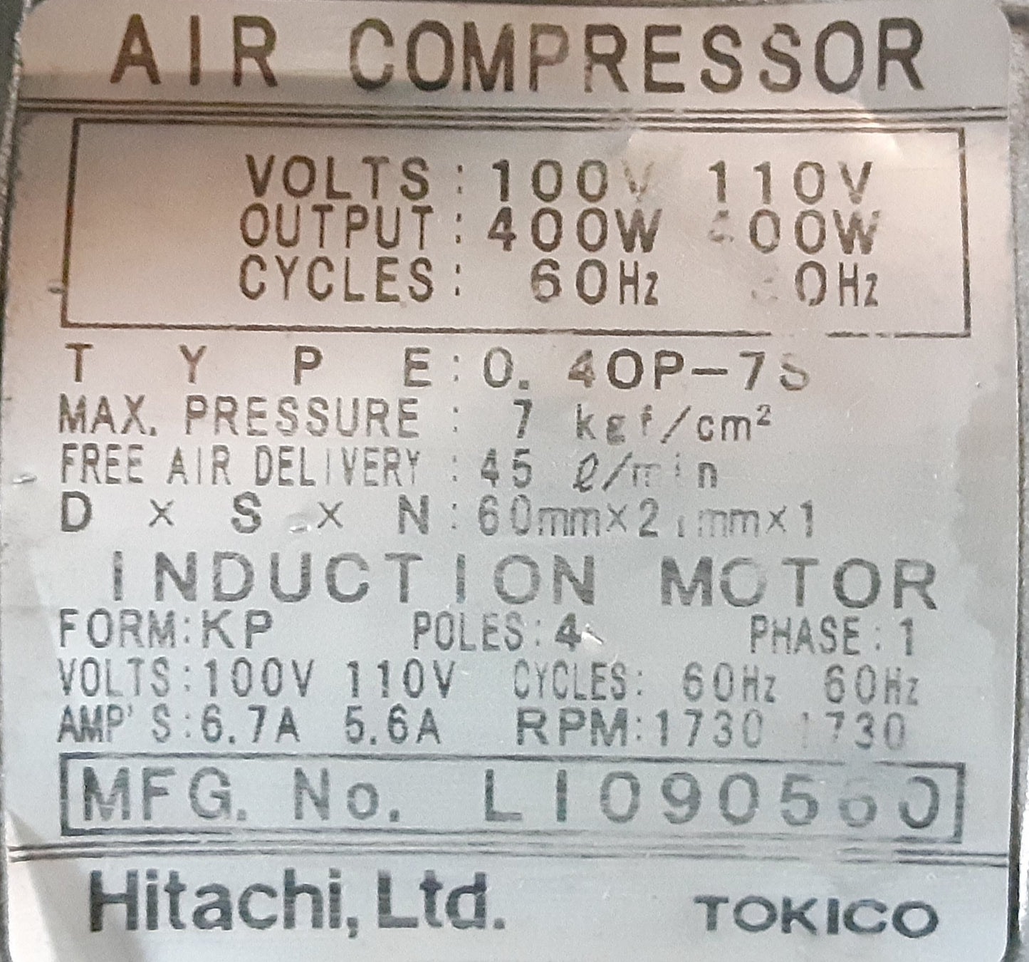日立産機システム(HITACHI)製 オイルフリーベビコン 0.4OP-7S コンプレッサー 吐出空気量45L/min hitachisanki1-04op7s45lmin-8001